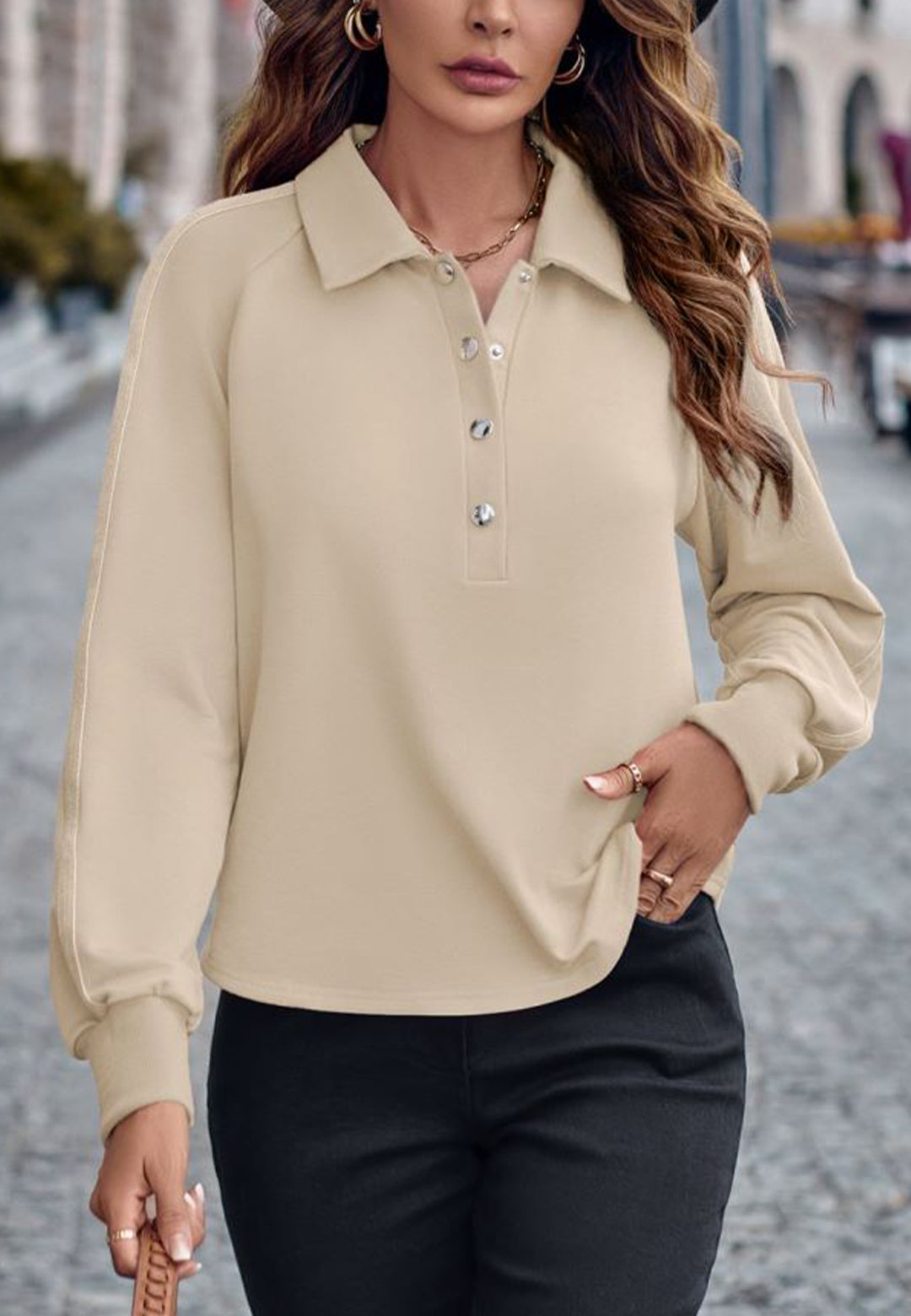 Striped Sleeve Henley Button Sweater