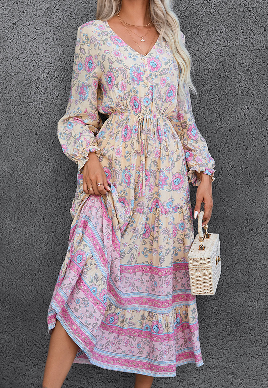 Pastel Floral Print V Neck Dress