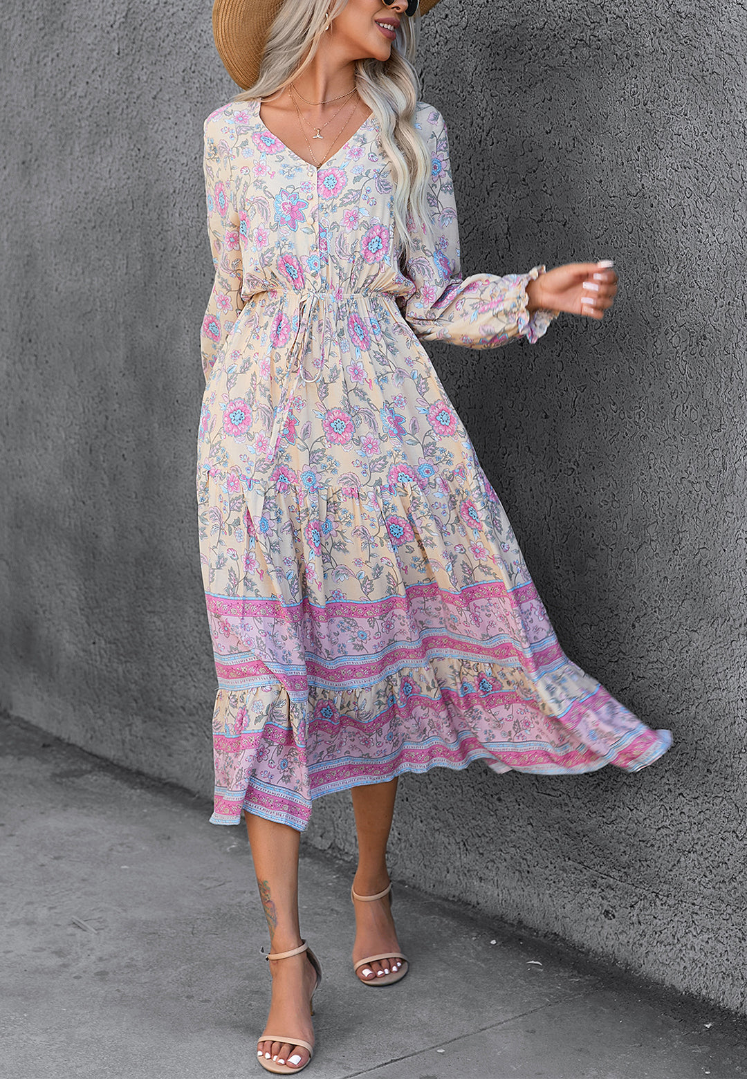 Pastel Floral Print V Neck Dress