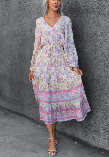 Pastel Floral Print V Neck Dress