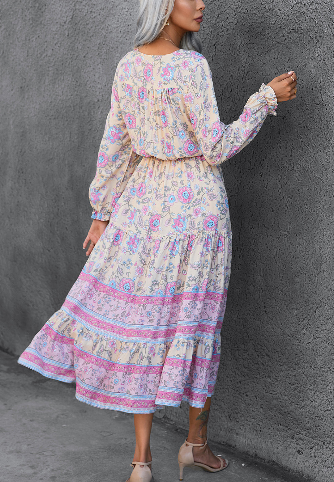 Pastel Floral Print V Neck Dress