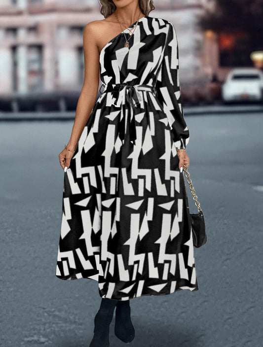 Abstract Print One Shoulder Dress