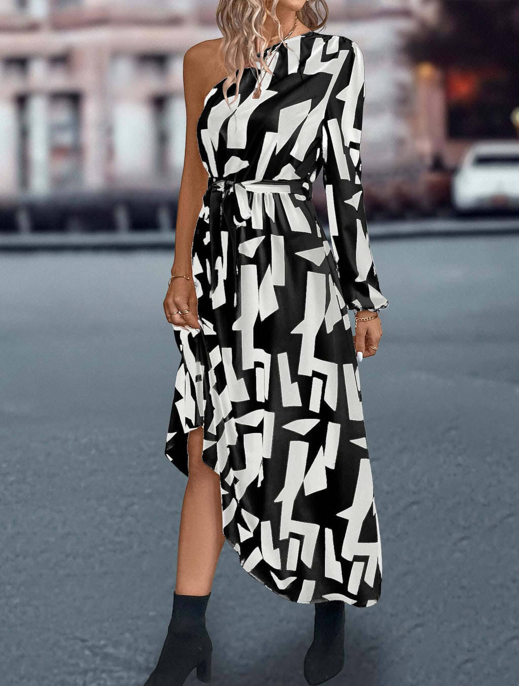 Abstract Print One Shoulder Dress