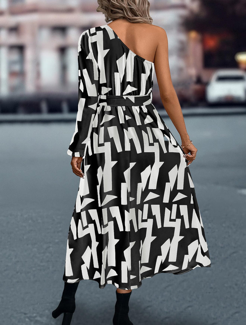 Abstract Print One Shoulder Dress
