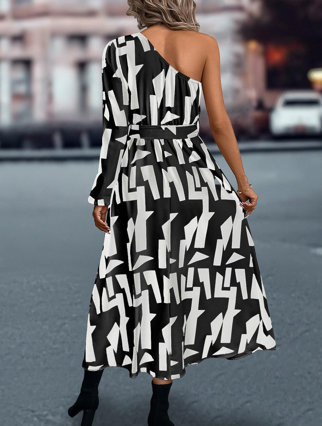Abstract Print One Shoulder Dress