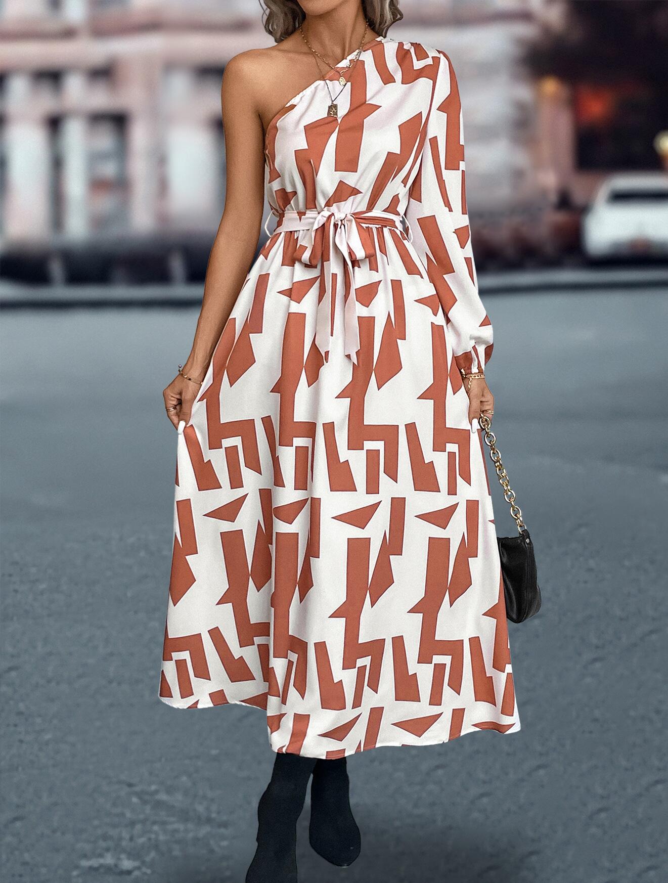 Abstract Print One Shoulder Dress