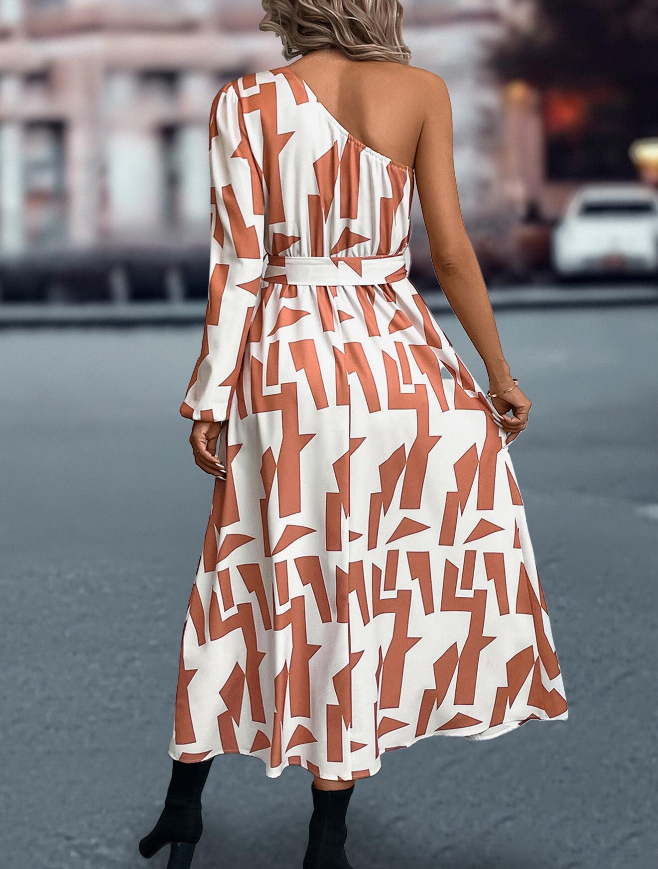 Abstract Print One Shoulder Dress