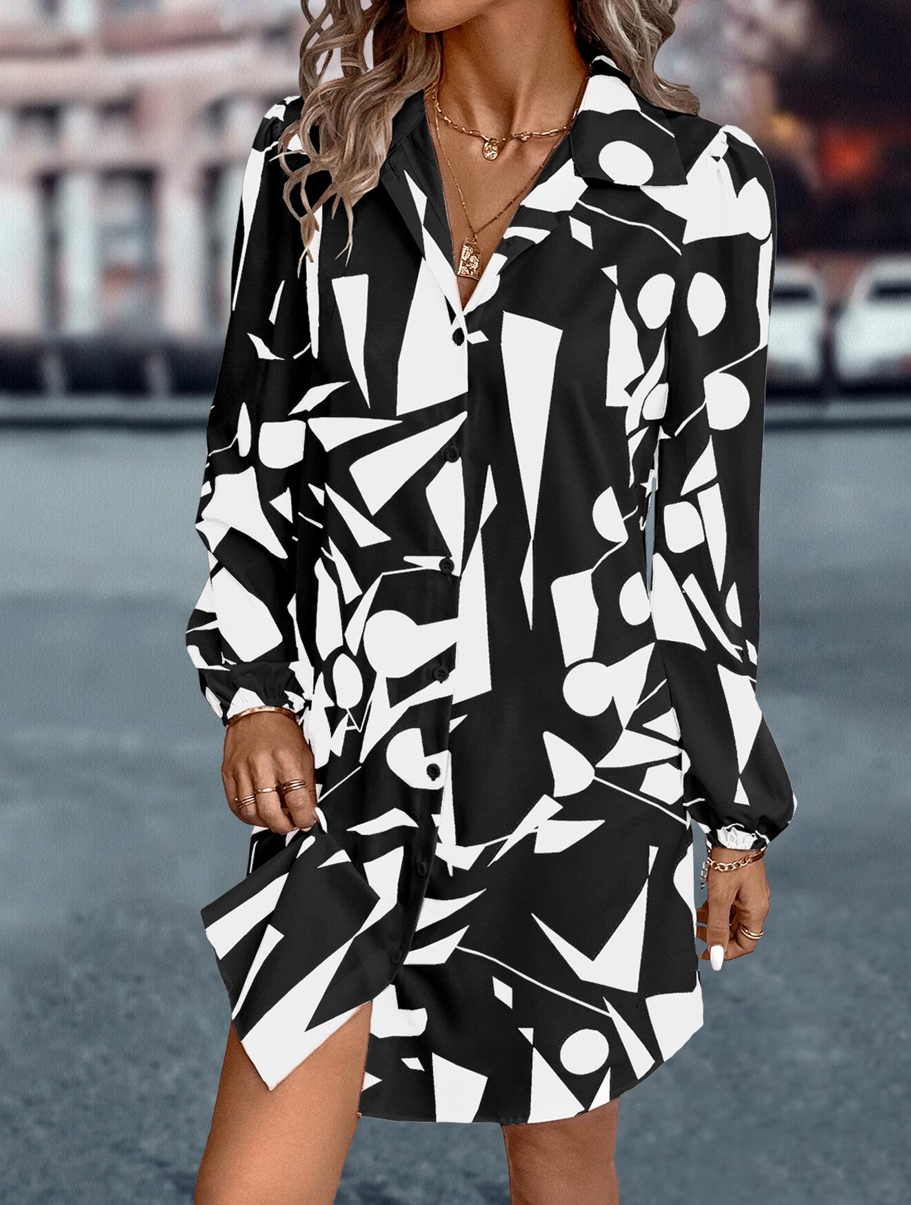 Abstract Print Button Down Shirt Dress for Women Above Knee Length   Anna-Kaci