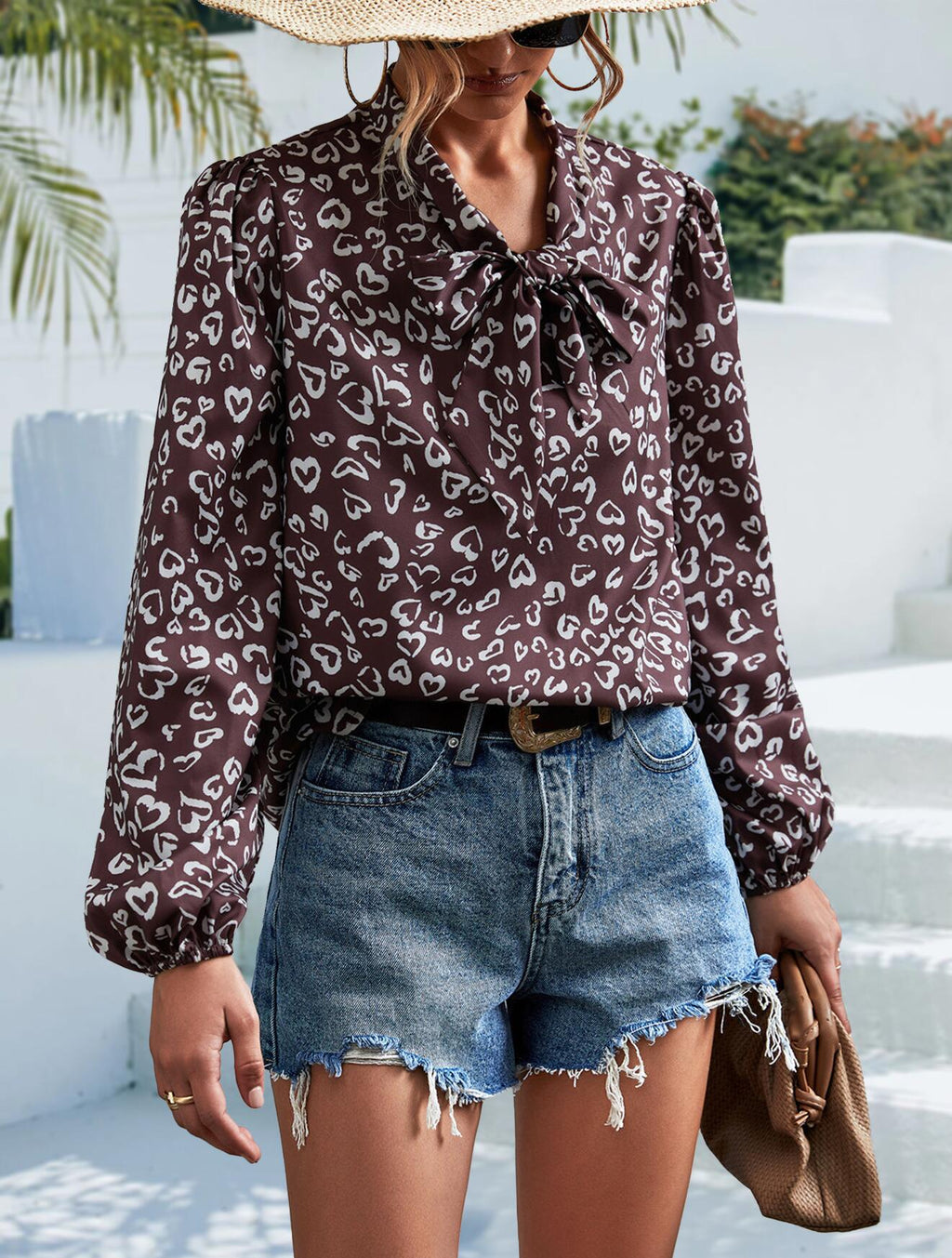 Blusa de manga larga con escote en V y lazo