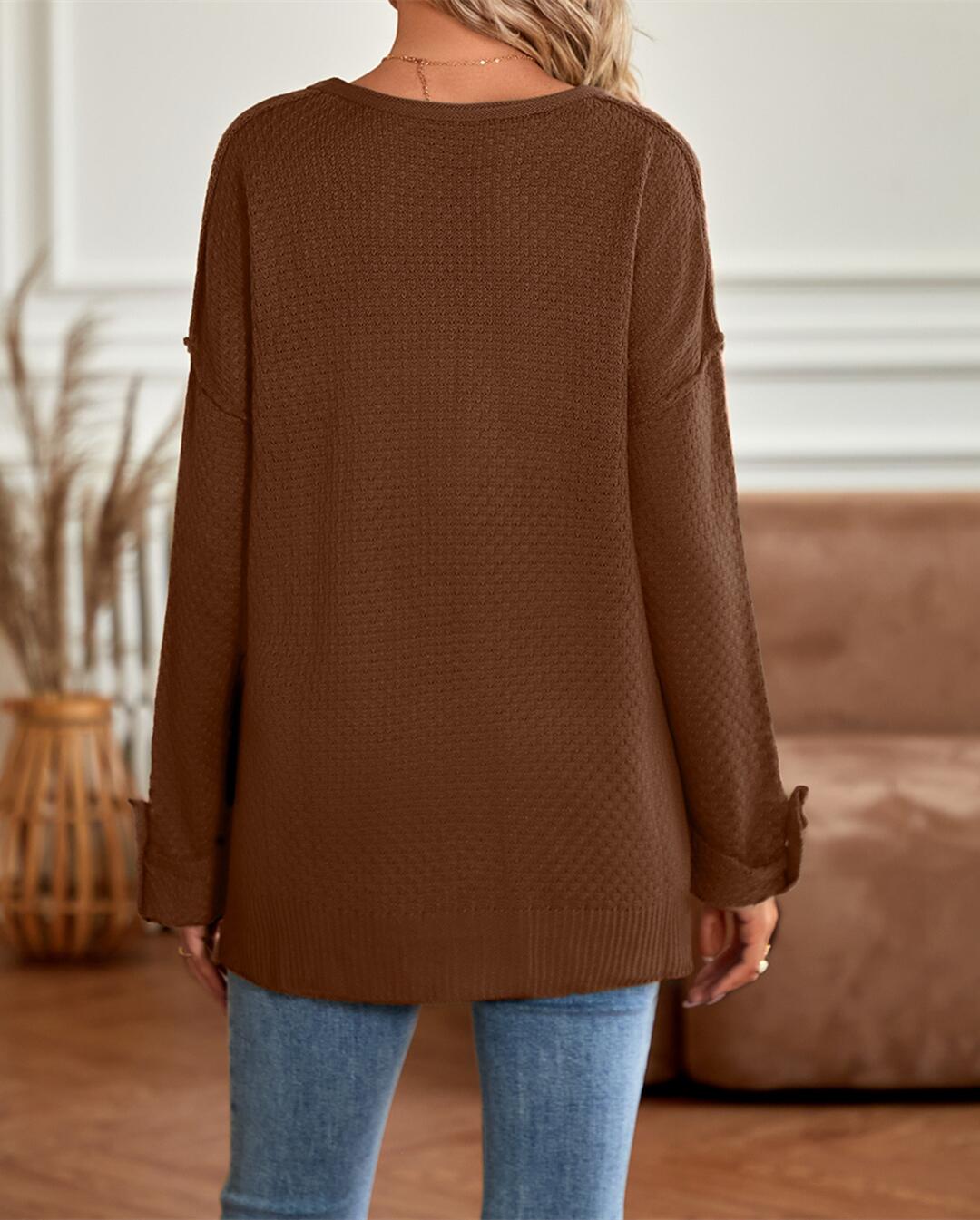 Button Detail V Neck Textured Top