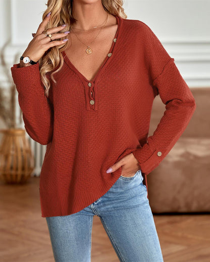 Button Detail V Neck Textured Top