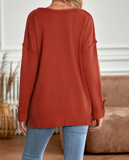 Button Detail V Neck Textured Top