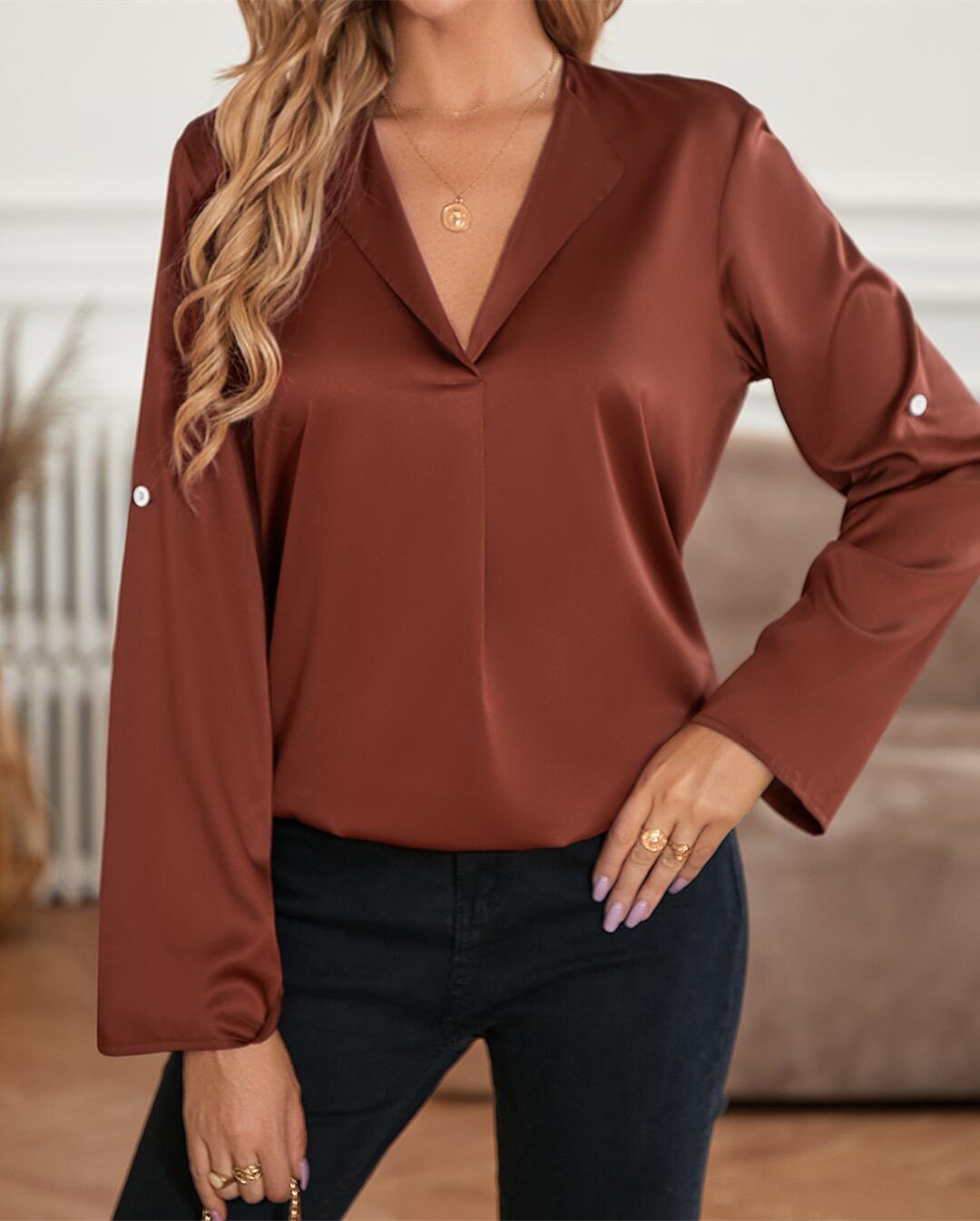Pleated Detail Collared Satin Blouse
