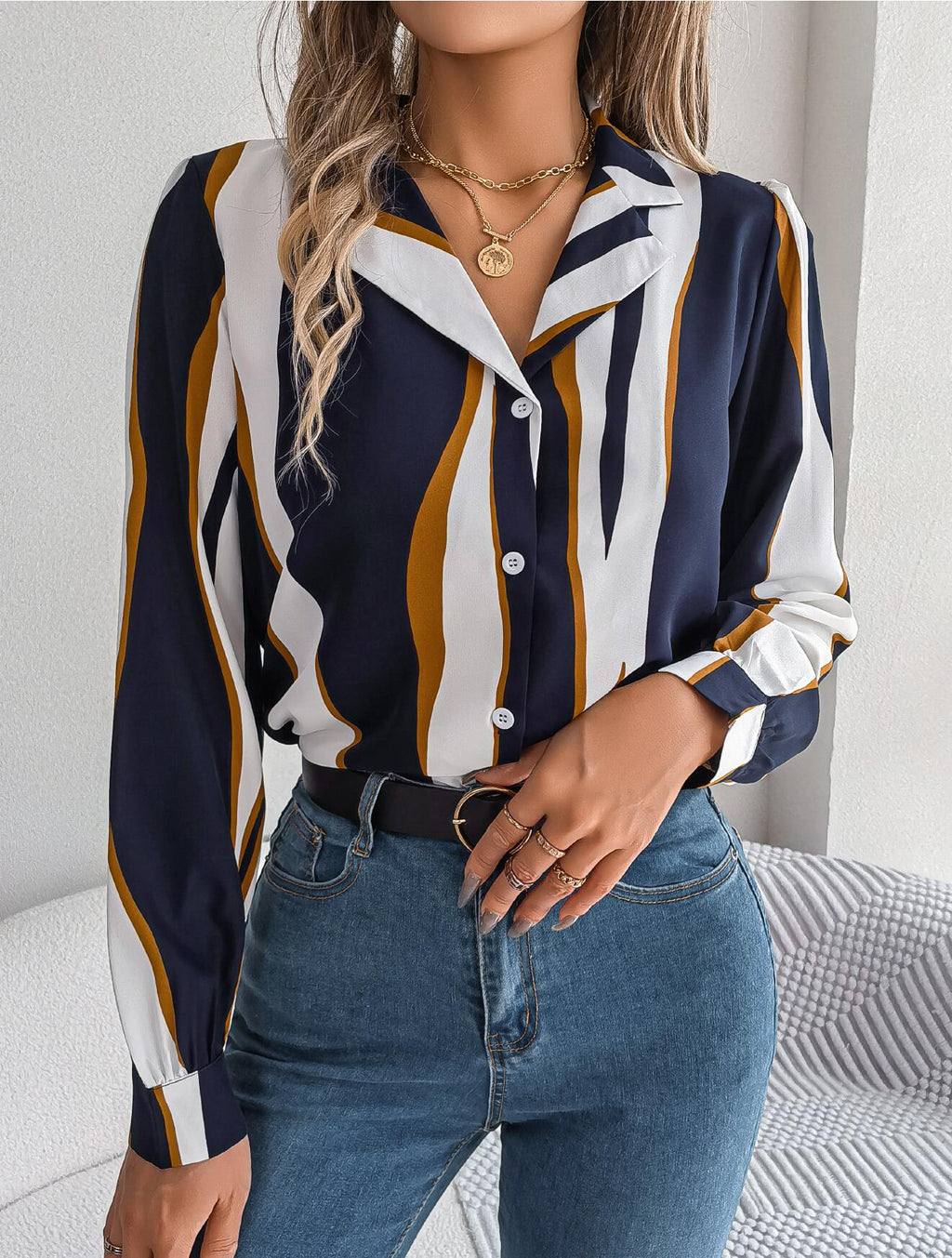 Abstract Striped Print Collared Shirt