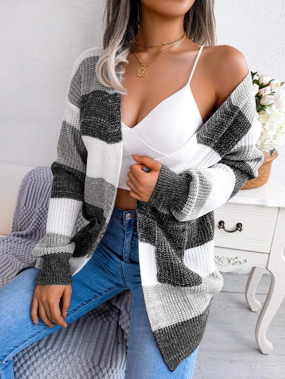 Multicolor Striped Pocket Knit Cardigan