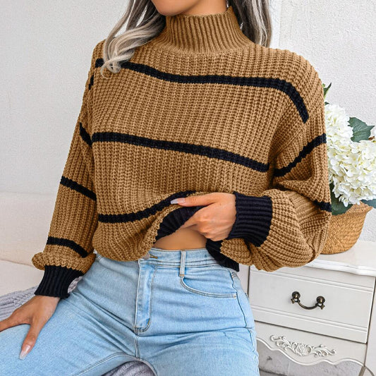 Mock Neck Striped Detail Knit Sweater