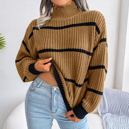 Mock Neck Striped Detail Knit Sweater