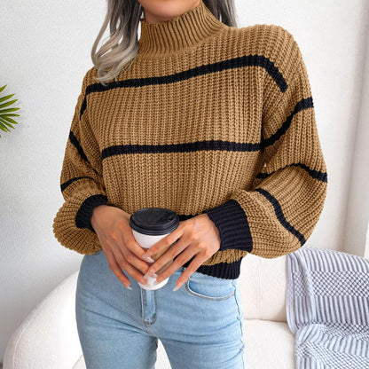 Mock Neck Striped Detail Knit Sweater