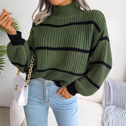 Mock Neck Striped Detail Knit Sweater