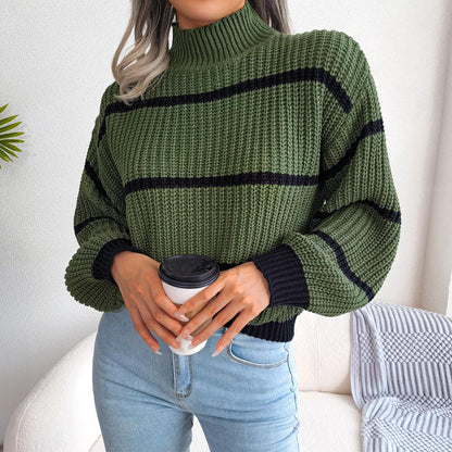 Mock Neck Striped Detail Knit Sweater