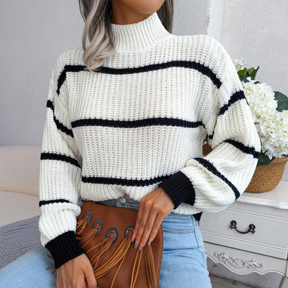 Mock Neck Striped Detail Knit Sweater