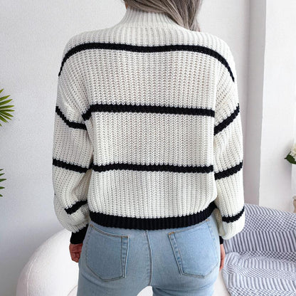 Mock Neck Striped Detail Knit Sweater