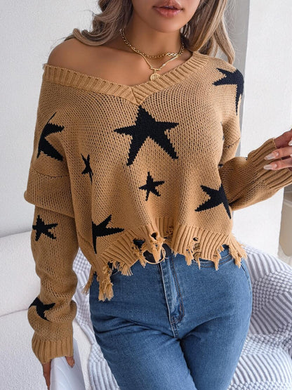 Star Pattern Distressed Detail Sweater
