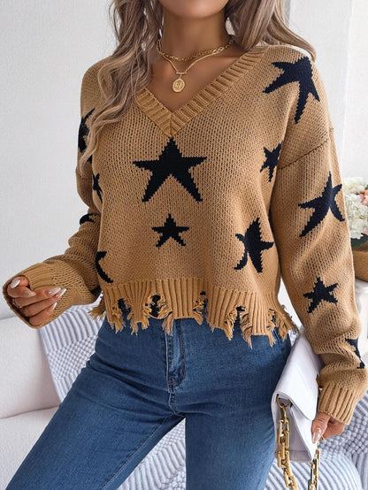 Star Pattern Distressed Detail Sweater