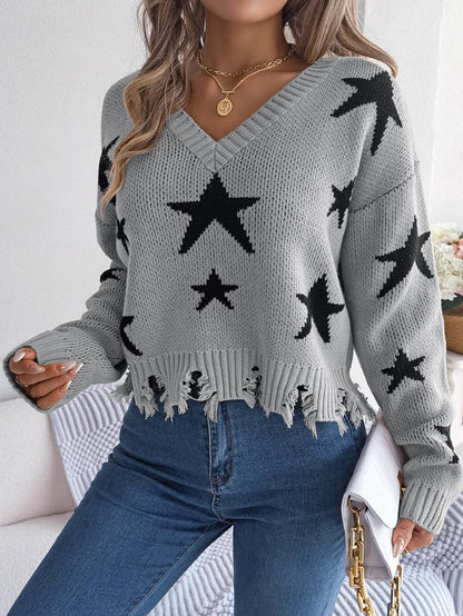 Star Pattern Distressed Detail Sweater