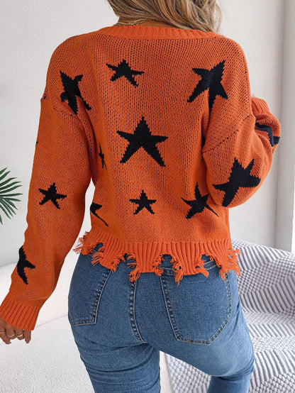 Star Pattern Distressed Detail Sweater