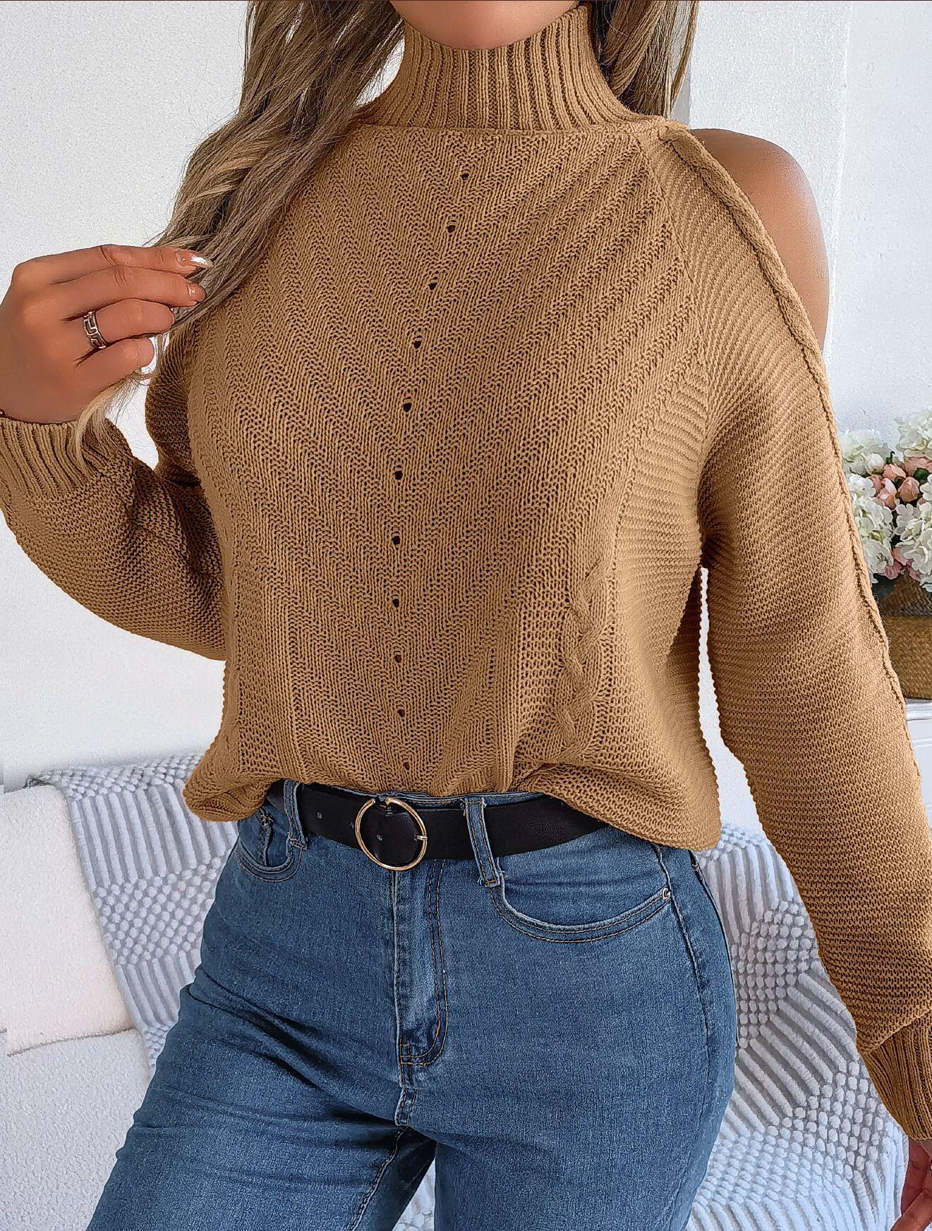 Turtleneck Cold Shoulder Knit Sweater