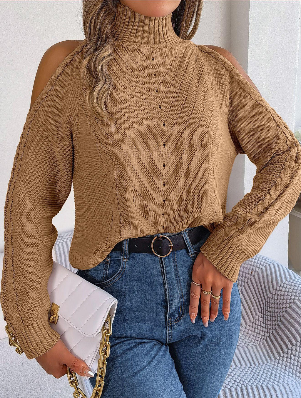 Turtleneck Cold Shoulder Knit Sweater
