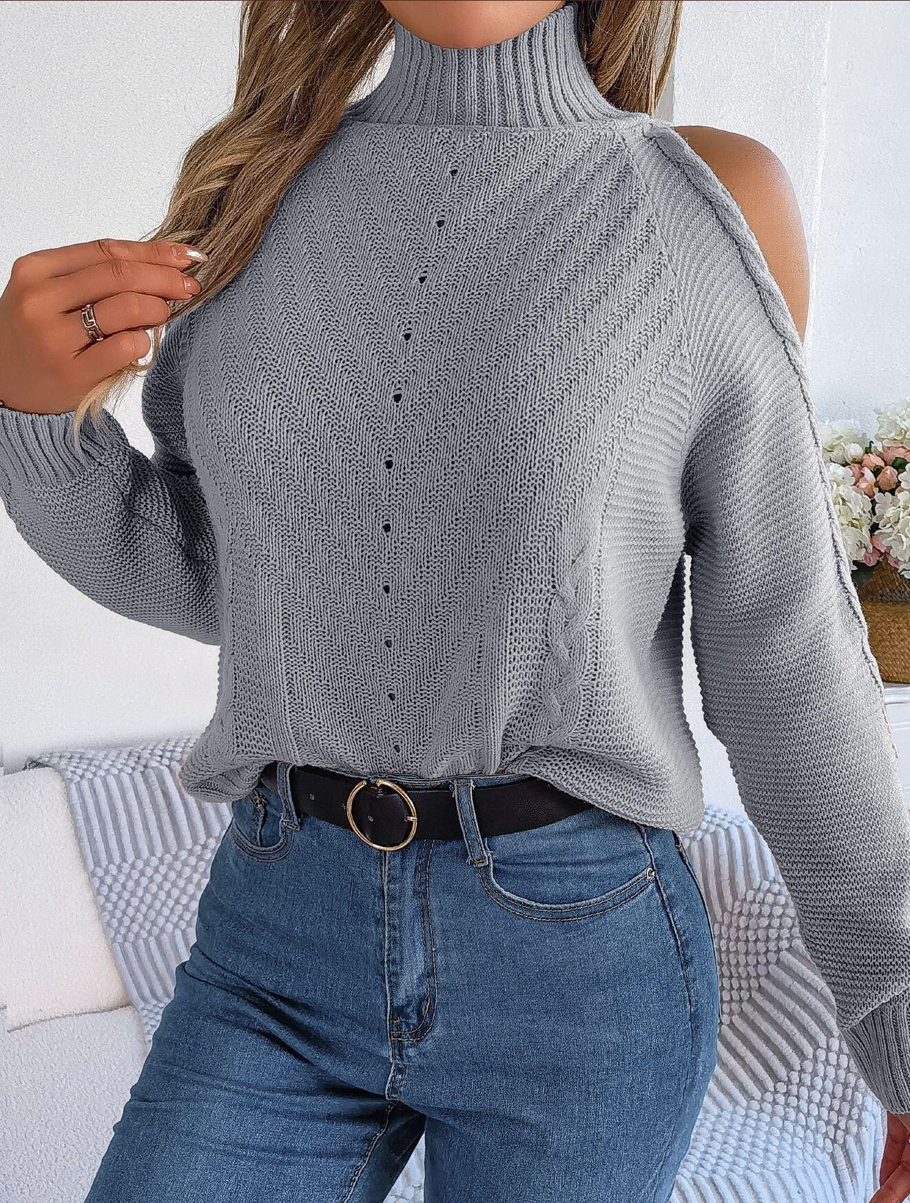 Turtleneck Cold Shoulder Knit Sweater