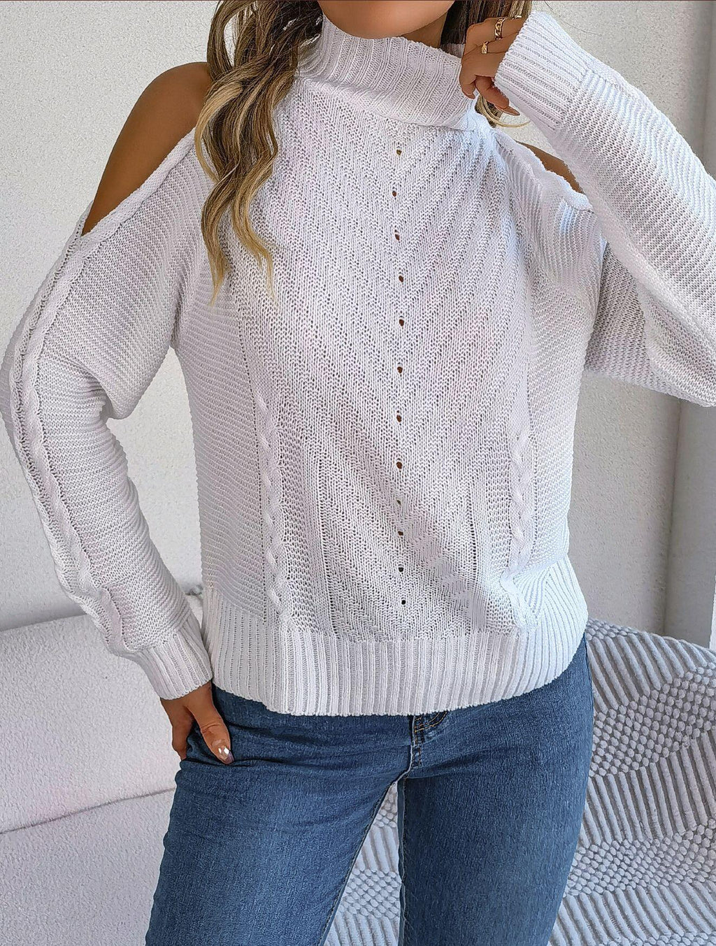 Turtleneck Cold Shoulder Knit Sweater