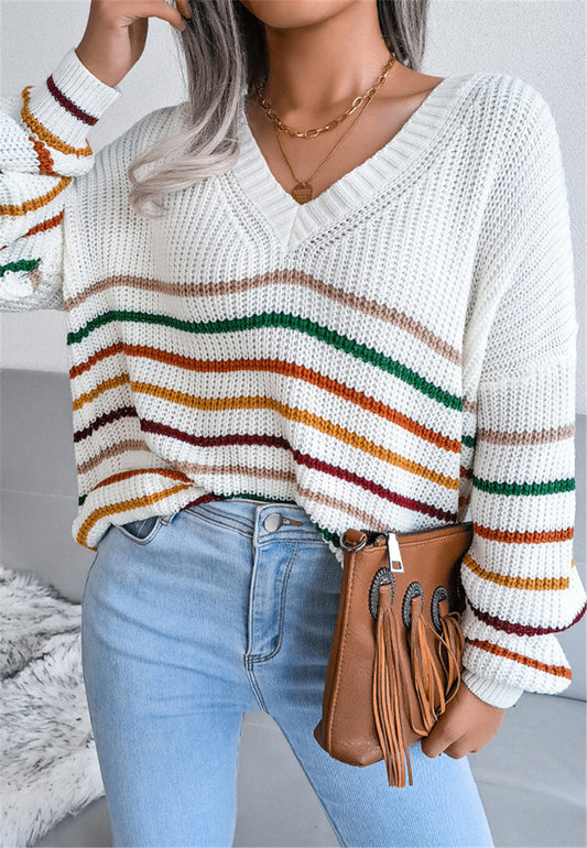 Multicolor Striped Design V Neck Sweater