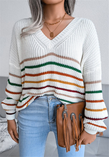 Multicolor Striped Design V Neck Sweater