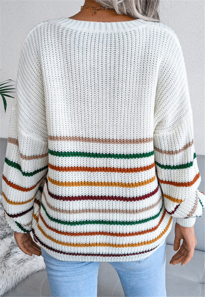 Multicolor Striped Design V Neck Sweater