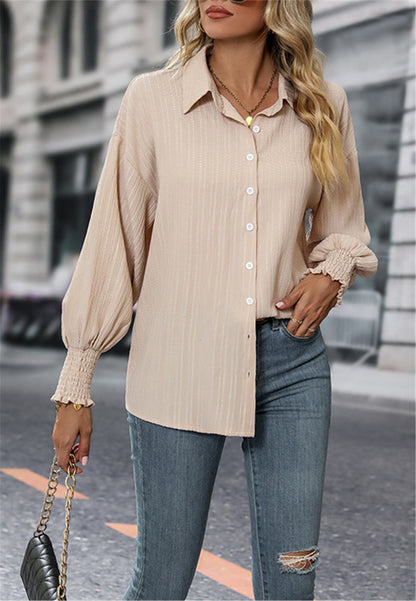 Striped Pattern Shirred Cuff Blouse