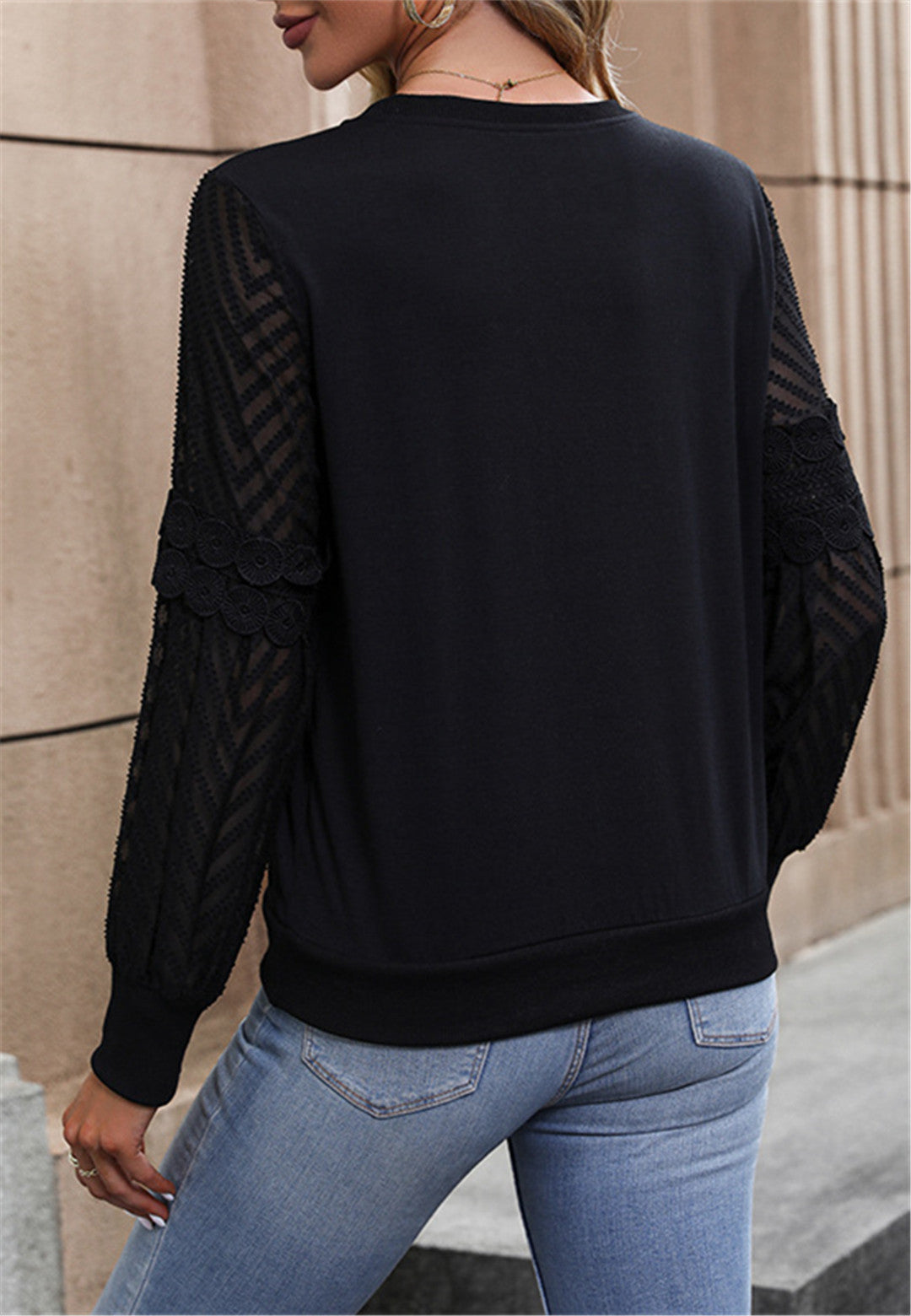 Lace Sheer Detail Long Sleeve Top