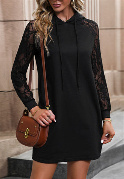 Sheer Lace Sleeve Hoodie Dress