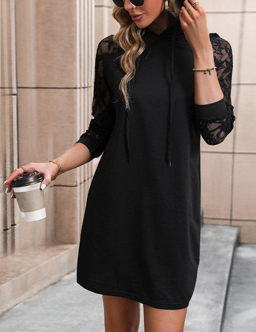 Sheer Lace Sleeve Hoodie Dress