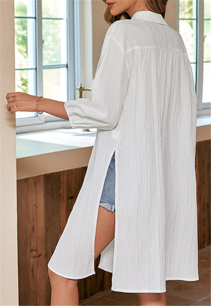 Textured Side Slit Button Down Shirt