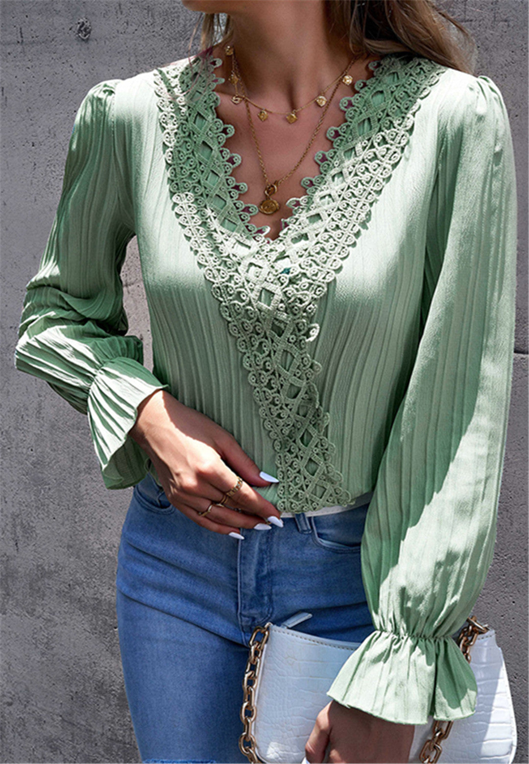 Lace Trim Textured Striped Blouse