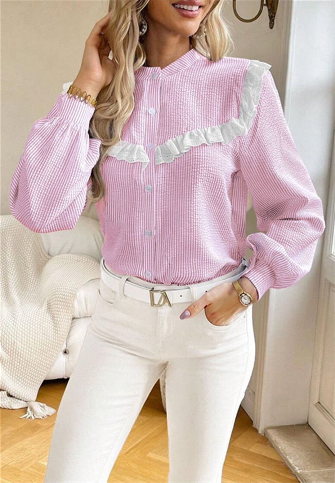 Ruffle Lace Trim Button Down Blouse
