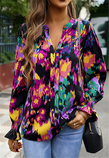 Multicolor Abstract Print Long Sleeve Blouse