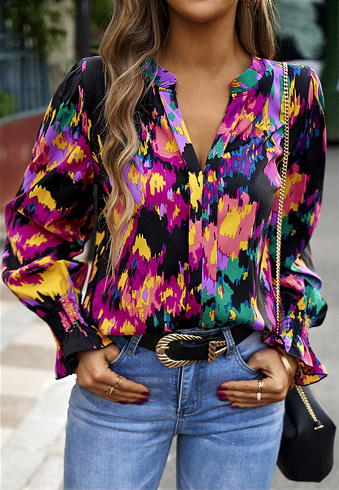 Multicolor Abstract Print Long Sleeve Blouse