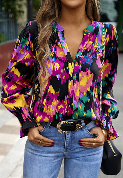 Multicolor Abstract Print Long Sleeve Blouse