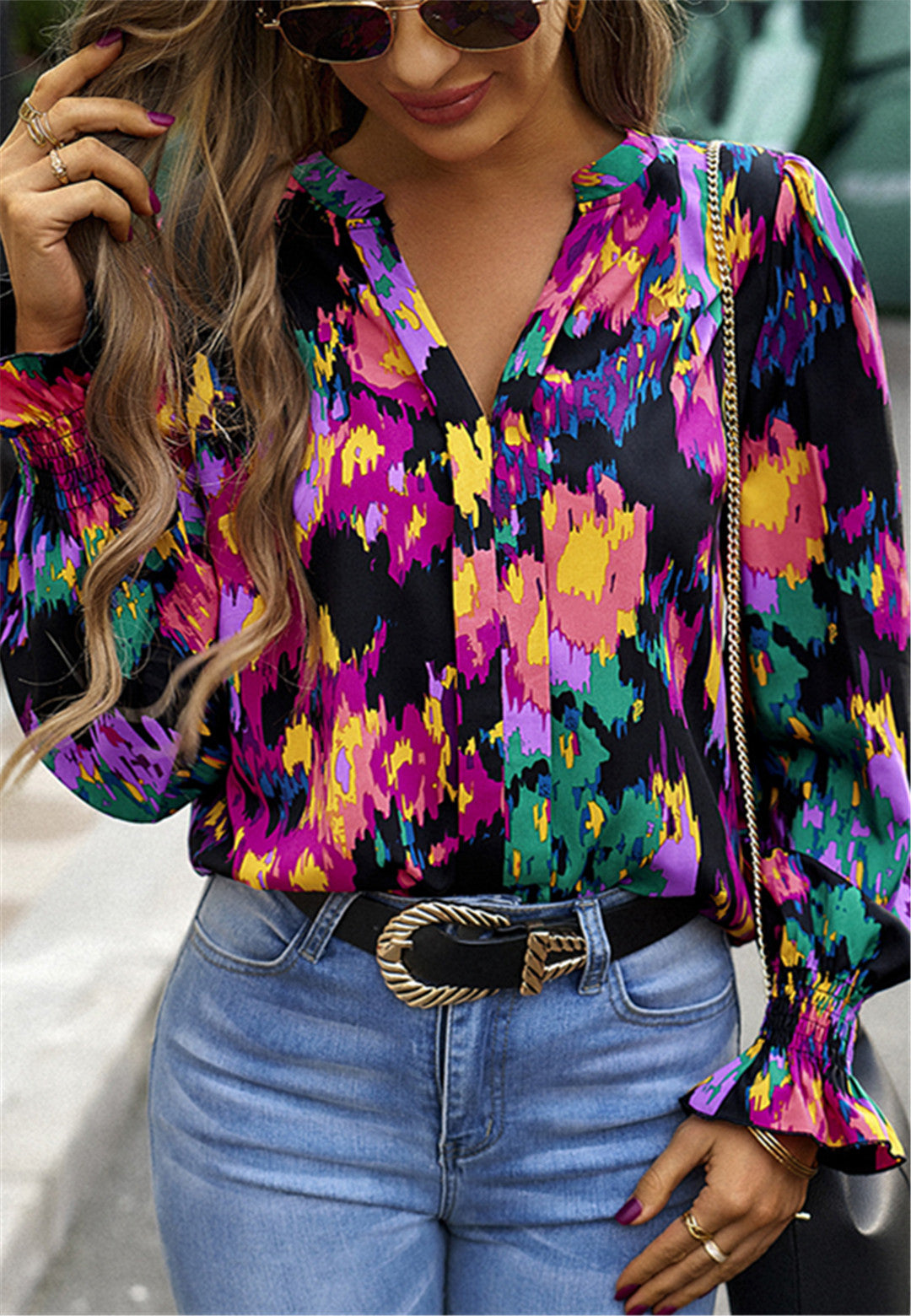 Blusa de manga larga con estampado abstracto multicolor
