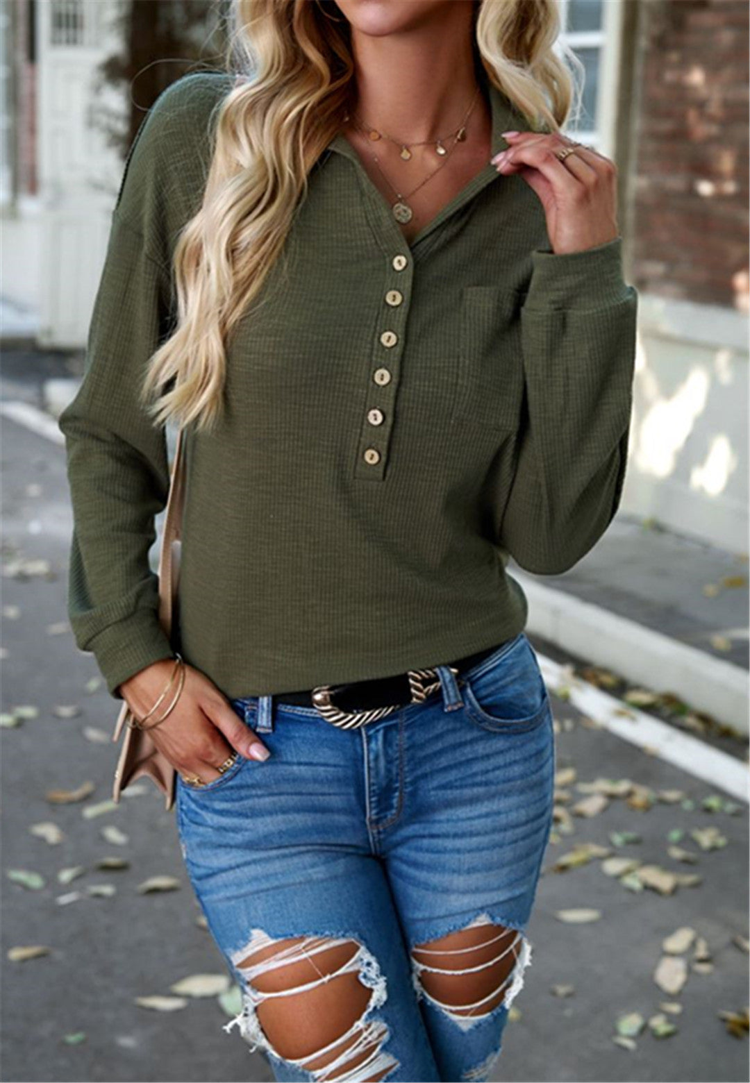 Ribbed Knit Collared Henley Shirt