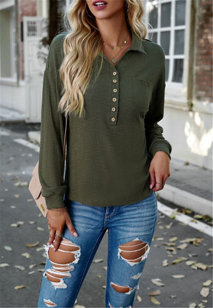 Ribbed Knit Collared Henley Shirt